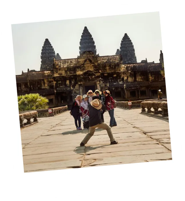 Travelers at an ancient temple